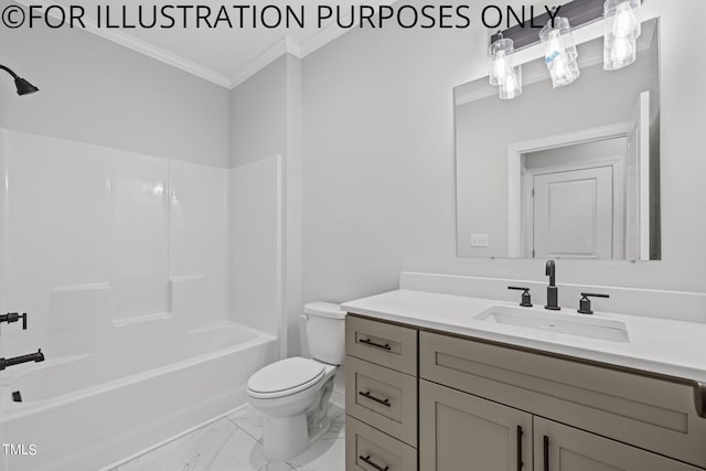 full bathroom featuring tile flooring, large vanity, toilet, crown molding, and shower / tub combination