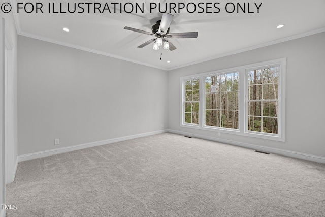carpeted empty room with ceiling fan and ornamental molding