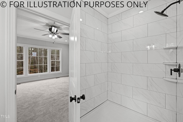 bathroom featuring ceiling fan, tiled shower, and ornamental molding