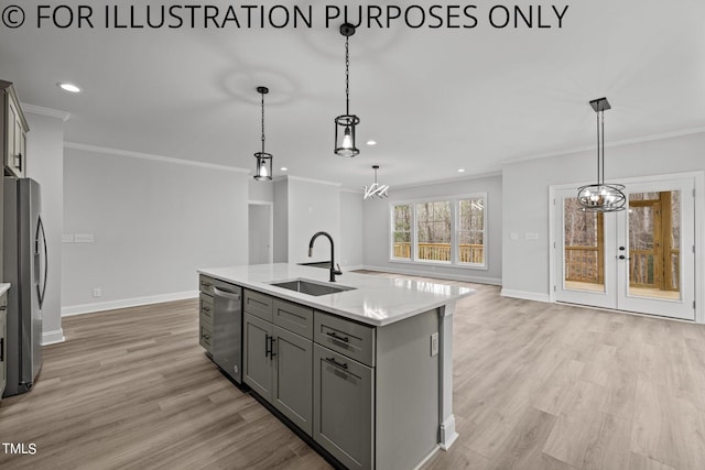 kitchen with appliances with stainless steel finishes, sink, gray cabinetry, light hardwood / wood-style flooring, and hanging light fixtures