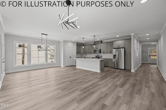 unfurnished living room with a chandelier, light hardwood / wood-style floors, sink, and crown molding