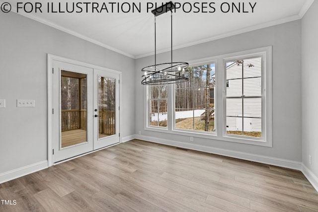 unfurnished dining area featuring an inviting chandelier, plenty of natural light, ornamental molding, and light wood-type flooring