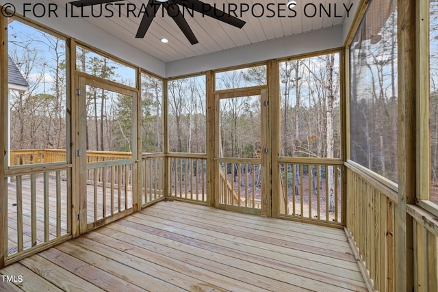 unfurnished sunroom with ceiling fan and a wealth of natural light
