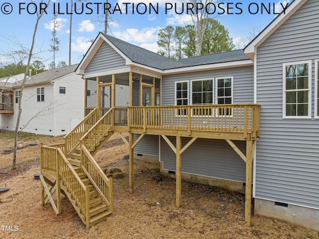 back of house featuring a sunroom and a wooden deck