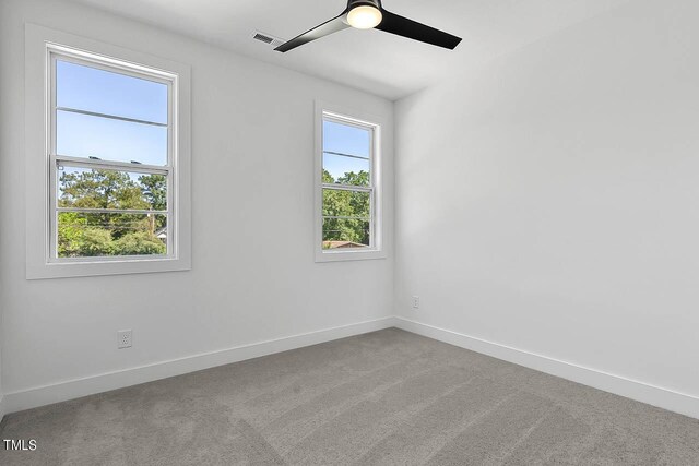 carpeted empty room with ceiling fan and plenty of natural light