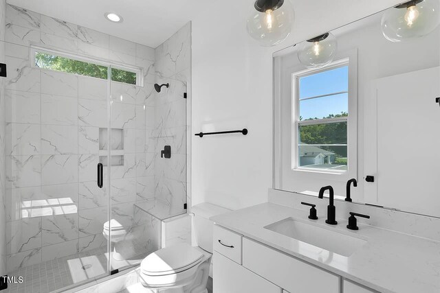 bathroom featuring walk in shower, vanity, toilet, and a wealth of natural light