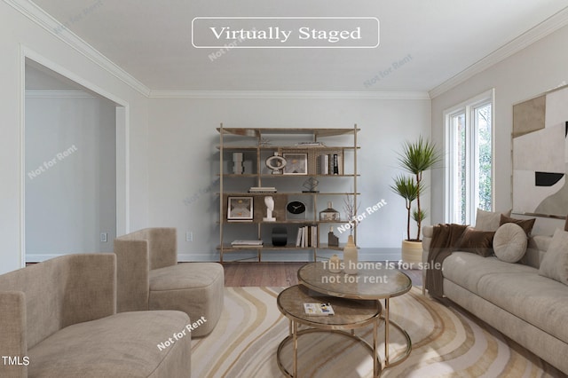 living room with ornamental molding and light hardwood / wood-style floors