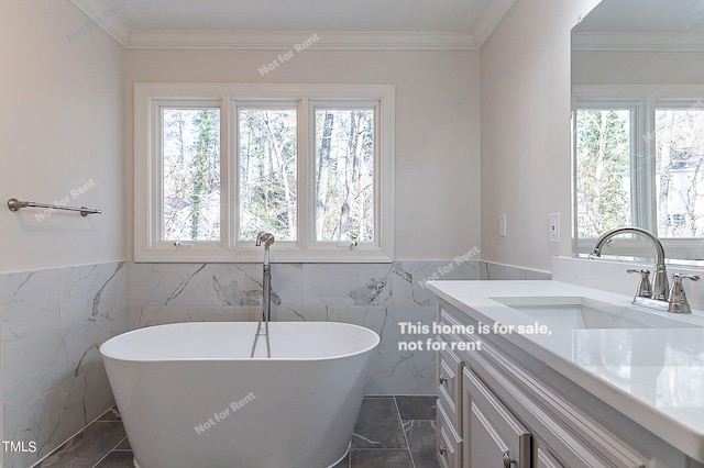 bathroom featuring ornamental molding, vanity, tile flooring, and tile walls