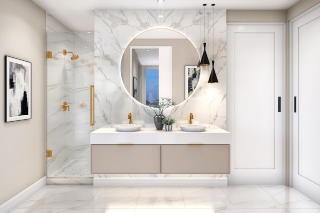 bathroom with double vanity, tile floors, and tiled shower