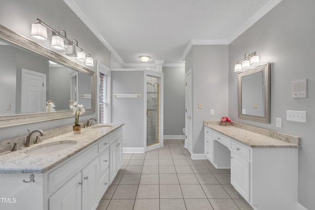 bathroom with tile patterned flooring, crown molding, toilet, vanity, and a shower with shower door