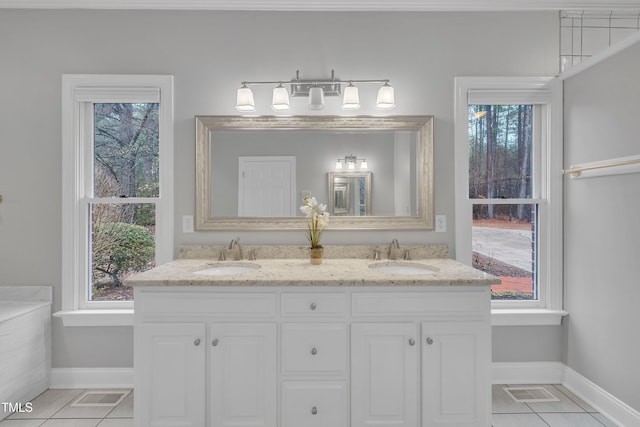 bathroom featuring tile patterned flooring, vanity, and a wealth of natural light