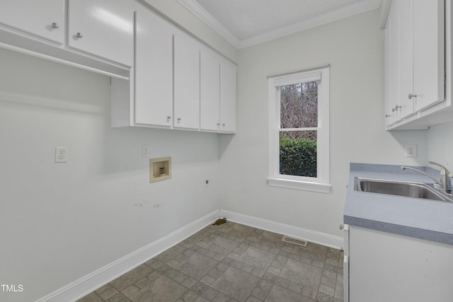 clothes washing area featuring sink, cabinets, washer hookup, hookup for an electric dryer, and crown molding