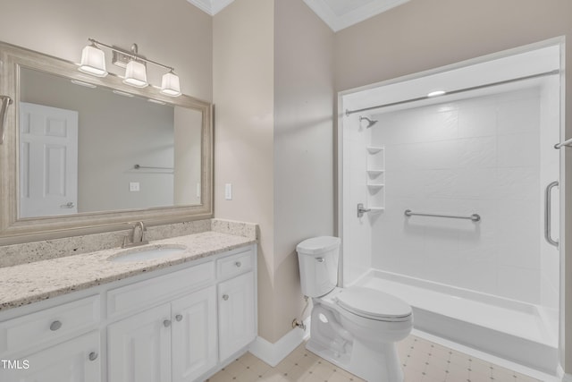 bathroom featuring a shower, vanity, toilet, and crown molding