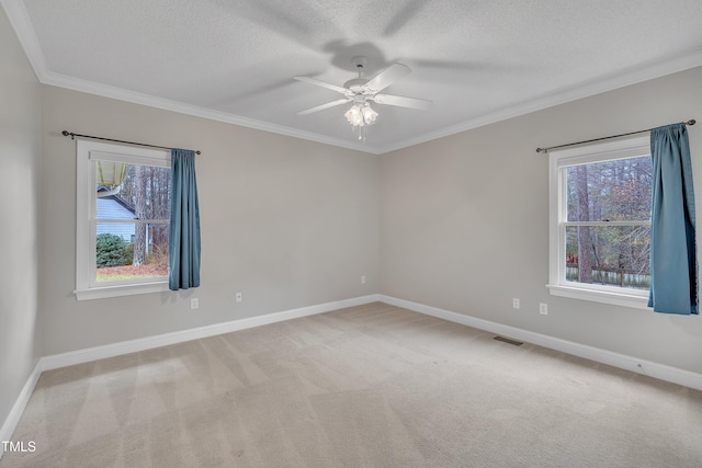 carpeted spare room with ceiling fan, ornamental molding, and a textured ceiling