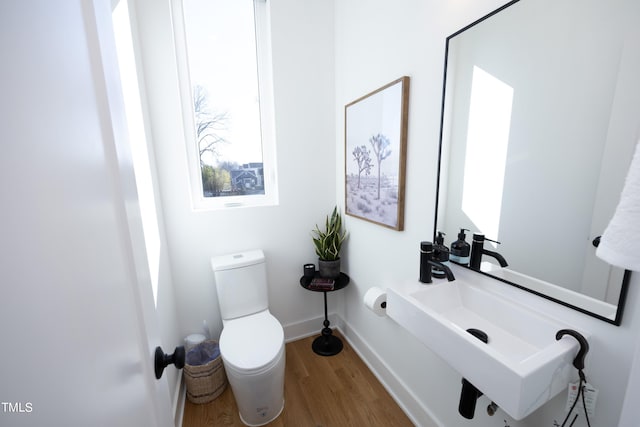 bathroom with toilet and hardwood / wood-style floors