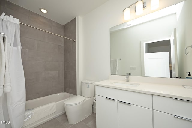 full bathroom with toilet, tile flooring, shower / bathtub combination with curtain, and oversized vanity