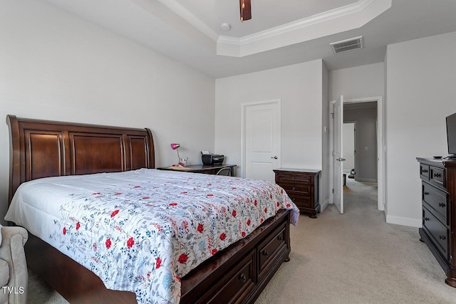 1001 Drayman Pl, Apex, NC 27502 - bedroom with light colored carpet, a raised ceiling, baseboards, crown molding, and a ceiling fan