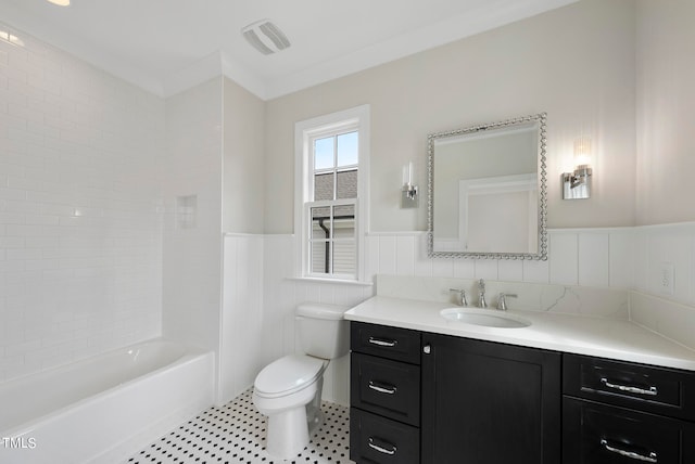 full bathroom with tile walls, shower / washtub combination, toilet, tile floors, and vanity