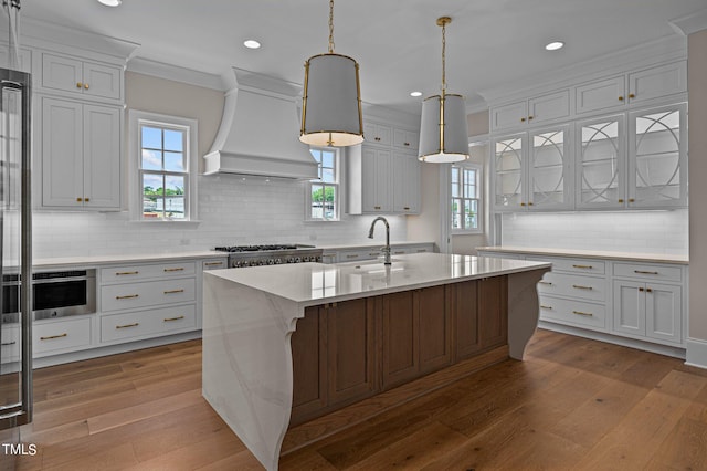 kitchen featuring wood-type flooring, custom range hood, tasteful backsplash, a kitchen island with sink, and pendant lighting