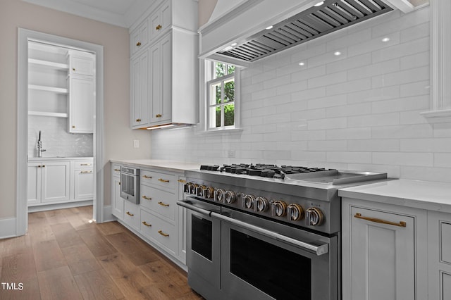 kitchen featuring premium range hood, white cabinets, range with two ovens, hardwood / wood-style flooring, and tasteful backsplash