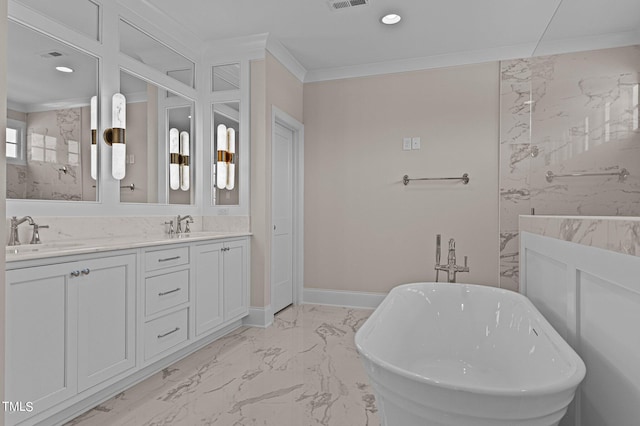 bathroom featuring tile flooring, vanity with extensive cabinet space, double sink, ornamental molding, and a bath to relax in