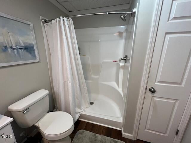 bathroom with toilet, vanity, wood-type flooring, and a shower with shower curtain