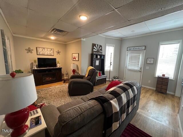 living room featuring a fireplace, hardwood / wood-style flooring, a drop ceiling, and crown molding