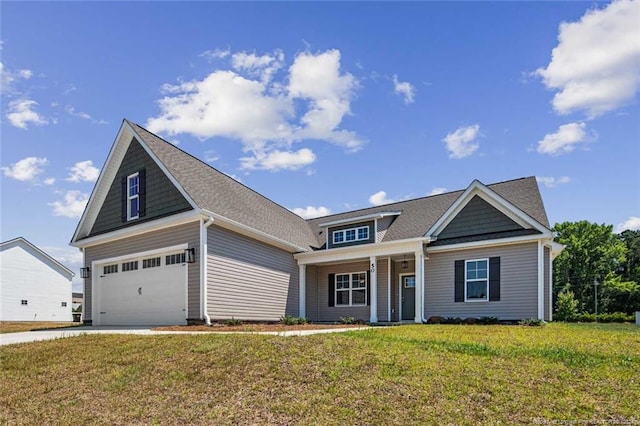 craftsman-style home with a garage and a front lawn