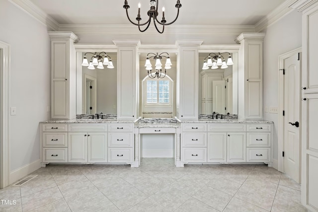 bathroom featuring an inviting chandelier, tile flooring, dual bowl vanity, and crown molding