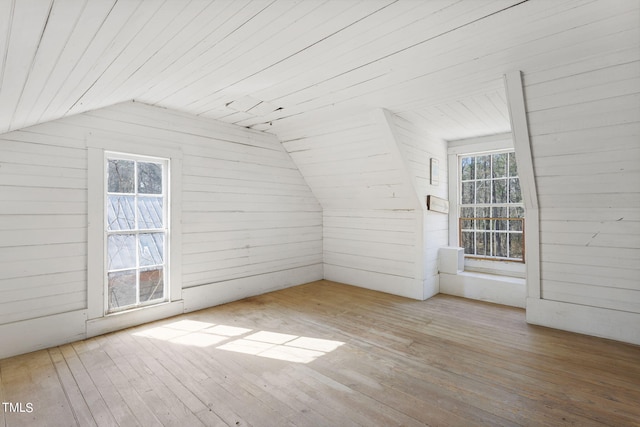 bonus room featuring plenty of natural light, light hardwood / wood-style floors, and lofted ceiling