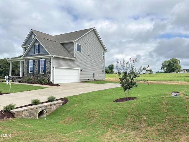 view of property exterior with a garage and a lawn