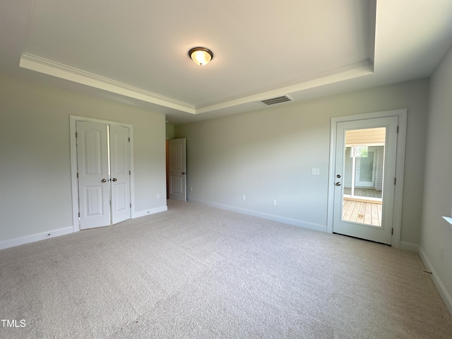 empty room with light colored carpet and a tray ceiling