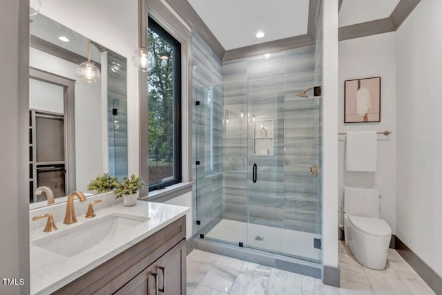 1312 Hunting Ridge Rd, Raleigh, NC 27615 - bathroom with vanity, a stall shower, toilet, marble finish flooring, and recessed lighting