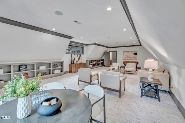 1312 Hunting Ridge Rd, Raleigh, NC 27615 - living area featuring baseboards, recessed lighting, ornamental molding, and built in features