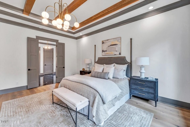 1312 Hunting Ridge Rd, Raleigh, NC 27615 - bedroom with a chandelier, wood finished floors, beam ceiling, and recessed lighting