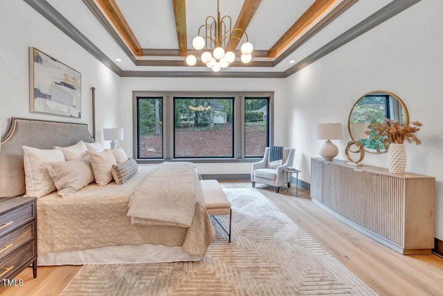 1312 Hunting Ridge Rd, Raleigh, NC 27615 - bedroom featuring a chandelier, multiple windows, light wood-style floors, ornamental molding, and beamed ceiling
