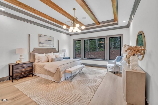 1312 Hunting Ridge Rd, Raleigh, NC 27615 - bedroom featuring light wood-style floors, a chandelier, beamed ceiling, recessed lighting, and crown molding