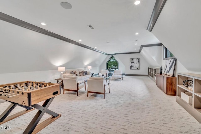 game room featuring ornamental molding, light carpet, and vaulted ceiling