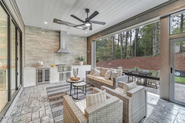 1312 Hunting Ridge Rd, Raleigh, NC 27615 - sunroom / solarium with beverage cooler, area for grilling, outdoor dining space, outdoor lounge area, and a ceiling fan