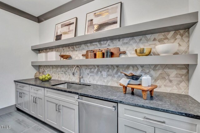 1312 Hunting Ridge Rd, Raleigh, NC 27615 - bar with stainless steel dishwasher, a sink, decorative backsplash, and tile patterned floors