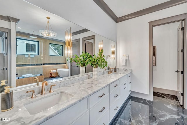 1312 Hunting Ridge Rd, Raleigh, NC 27615 - full bathroom featuring marble tiled flooring, double vanity, a soaking tub, a shower, and crown molding