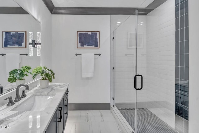 1312 Hunting Ridge Rd, Raleigh, NC 27615 - bathroom with marble finish flooring, vanity, a stall shower, and baseboards