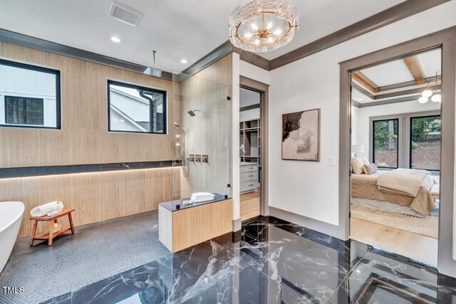 1312 Hunting Ridge Rd, Raleigh, NC 27615 - bathroom with marble tiled floors, a walk in shower, a soaking tub, a chandelier, and wooden walls