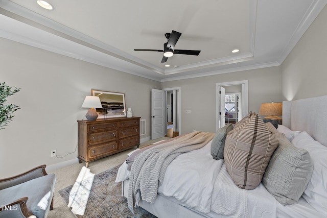 148 Hook Dr Lot 7, Fuquay Varina, NC 27526 - bedroom with a raised ceiling, recessed lighting, carpet floors, ornamental molding, and a ceiling fan