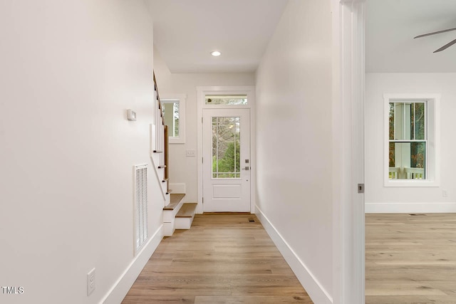 entryway featuring ceiling fan, light wood-type flooring, and a wealth of natural light