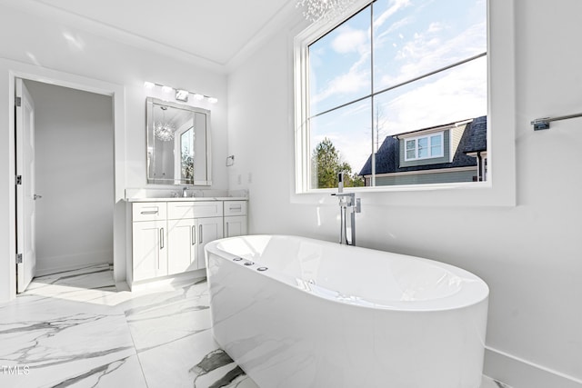 bathroom featuring crown molding, a bathtub, and vanity