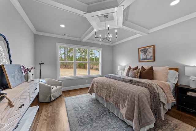 262 Hook Dr Lot 12, Fuquay Varina, NC 27526 - bedroom featuring a chandelier, wood finished floors, coffered ceiling, baseboards, and ornamental molding