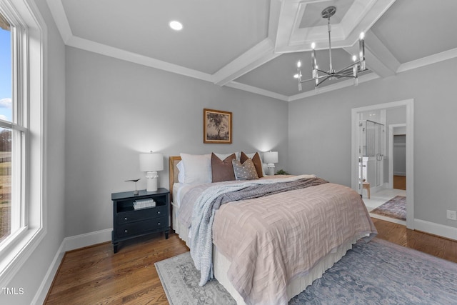 262 Hook Dr Lot 12, Fuquay Varina, NC 27526 - bedroom featuring a chandelier, baseboards, wood finished floors, recessed lighting, and beam ceiling