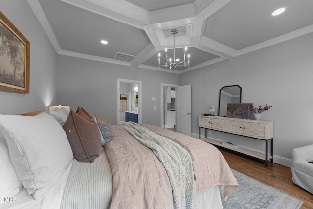 262 Hook Dr Lot 12, Fuquay Varina, NC 27526 - bedroom featuring a chandelier, wood finished floors, coffered ceiling, recessed lighting, and crown molding