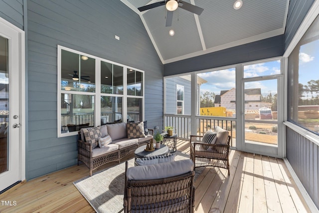 262 Hook Dr Lot 12, Fuquay Varina, NC 27526 - sunroom featuring ceiling fan, vaulted ceiling, plenty of natural light, and outdoor lounge area